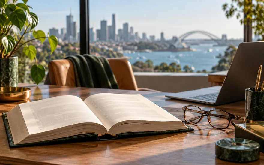 Are online pokies legal in Australia: a law book open on a desk by a coastal window