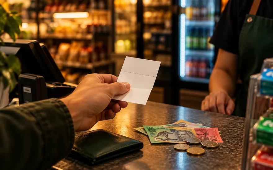 Neosurf casino Australia: a paper voucher slip and cash on a shop counter