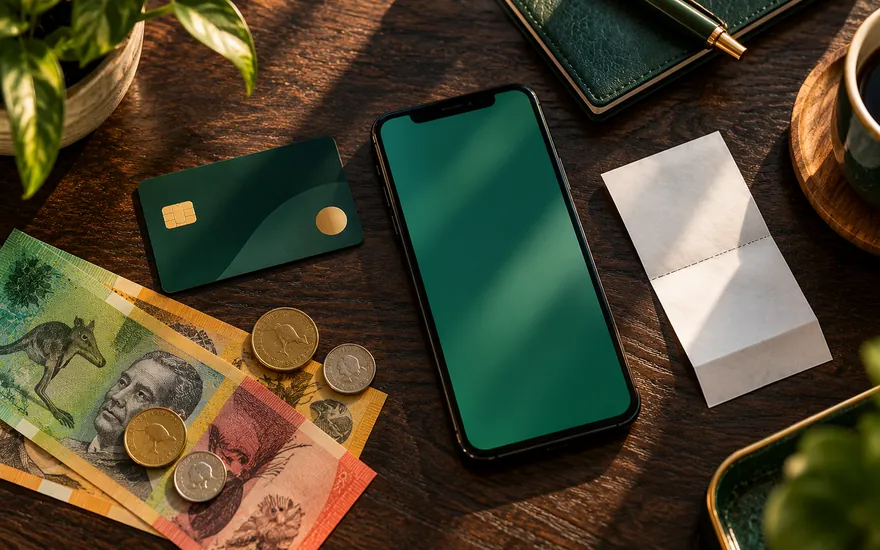 Neosurf online casino Australia alternatives: a card, cash, a voucher and a phone on a desk